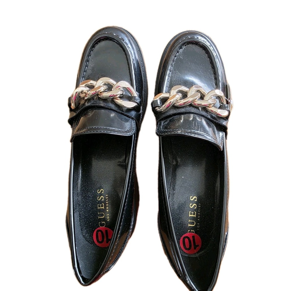 NWOT Guess Hillford W 10 Chunky Lug Sole Gold Chain Black Patent Leather Loafer - Picture 9 of 11
